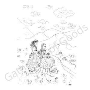 INSTANT DOWNLOAD Polish Sisters coloring page | Polish | Poland | Sister | Sisters | Folk | Europe | Ethnic | Costume | Landscape | Tatra