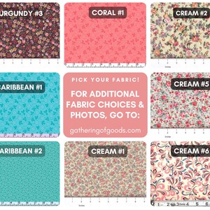 May include: A collection of eight fabric swatches featuring various floral and patterned designs in burgundy, coral, cream, and caribbean blue. Each swatch is labelled with a name and number, and includes a visible ruler showing inches for scale.