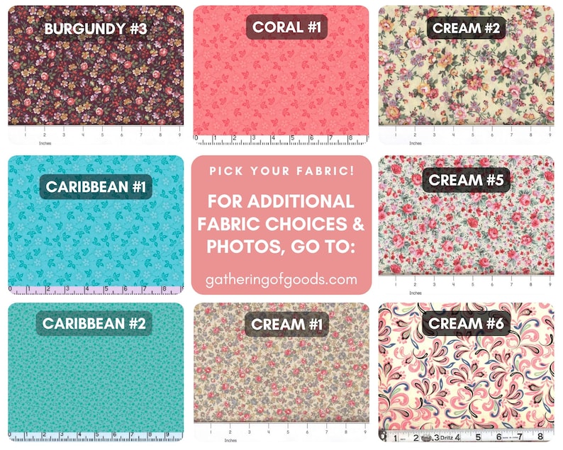 May include: A collection of eight fabric swatches featuring various floral and patterned designs in burgundy, coral, cream, and caribbean blue. Each swatch is labelled with a name and number, and includes a visible ruler showing inches for scale.