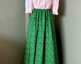 READY TO SHIP 3 Gored Comfort Drawstring Skirt | 100% Cotton Paisley Floral Print | Modest | Civil War | Colonial | Victorian | Kelley Green