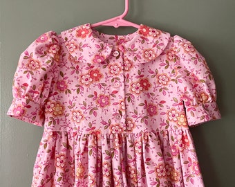 READY TO SHIP Size 3 Girls' Short Sleeve Dress w/Opt. Pinafore, Apron, Bonnet | Easter | Spring | Flower Girl | Modest | Pink Happy Floral