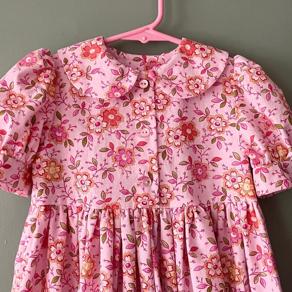 READY TO SHIP Size 3 Girls' Short Sleeve Dress w/Opt. Pinafore, Apron, Bonnet | Easter | Spring | Flower Girl | Modest | Pink Happy Floral