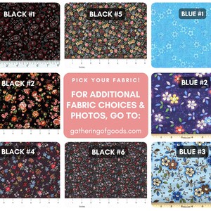 May include: A collection of eight fabric swatches featuring various floral and paisley patterns in black and blue colourways. Each swatch is labelled with a number and includes a visible ruler showing measurements in inches along the bottom edge.