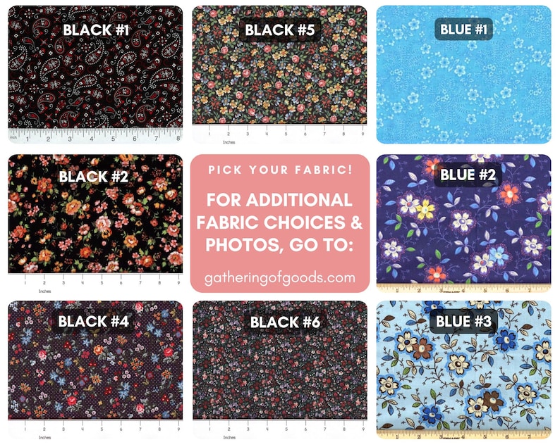 May include: A collection of eight fabric swatches featuring various floral and paisley patterns in black and blue colourways. Each swatch is labelled with a number and includes a visible ruler showing measurements in inches along the bottom edge.