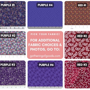 May include: A collection of eight fabric swatches featuring various patterns in purple and red. The swatches are labelled Purple #1 through #6 and Red #1 through #3, with some showing a Dritz measuring tape indicating a width of 20 cm.