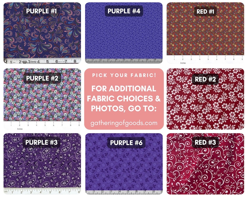 May include: A collection of eight fabric swatches featuring various patterns in purple and red. The swatches are labelled Purple #1 through #6 and Red #1 through #3, with some showing a Dritz measuring tape indicating a width of 20 cm.