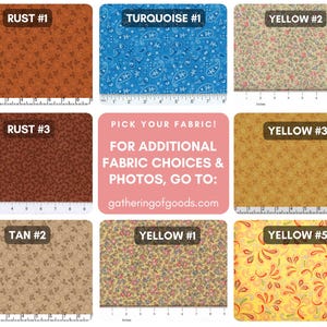 May include: A collection of eight fabric swatches featuring various floral and paisley patterns in rust, turquoise, yellow, and tan colours. Each swatch is labelled with a name and includes a visible ruler showing measurements in centimetres.