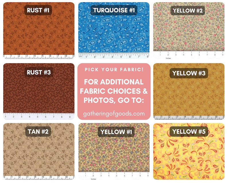 May include: A collection of eight fabric swatches featuring various floral and paisley patterns in rust, turquoise, yellow, and tan colours. Each swatch is labelled with a name and includes a visible ruler showing measurements in centimetres.
