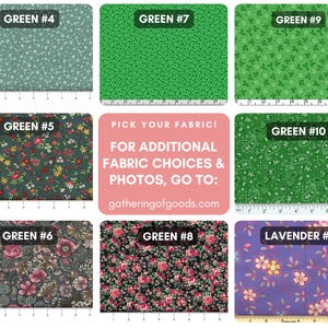 May include: A collection of eight fabric swatches featuring various floral and paisley patterns in shades of green and lavender. Each swatch is labelled with a number and includes a ruler at the bottom showing a scale of up to 20 cm.