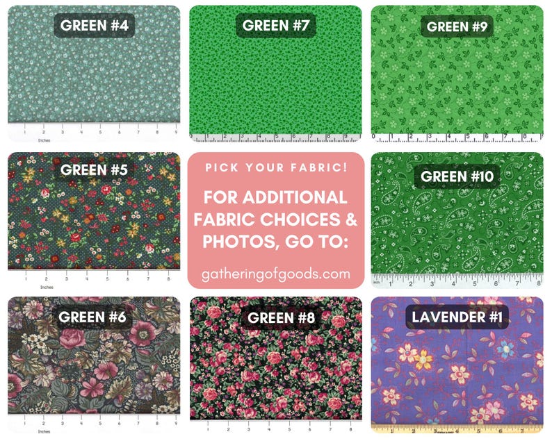 May include: A collection of eight fabric swatches featuring various floral and paisley patterns in shades of green and lavender. Each swatch is labelled with a number and includes a ruler at the bottom showing a scale of up to 20 cm.