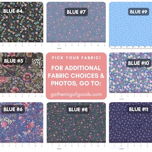 May include: A grid of eight fabric swatches featuring floral patterns in various shades of blue, labelled Blue #4 through Blue #11. Each swatch is positioned above a ruler showing inches. A central pink box displays the text PICK YOUR FABRIC!