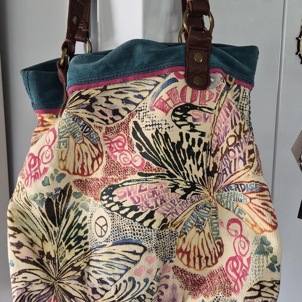 Lucky Brand Suede Canvas BOHO Print Soho Bucket Shoulder Bag Tote Overnight