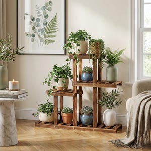Soporte para plantas de madera de pino para interiores y exteriores, estante para macetas de varios niveles, soporte rústico de madera para plantas, estante de exhibición tipo escalera de escritorio para decoración.
