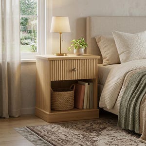 Peut inclure: Une table de chevet en bois clair avec un devant de tiroir cannelé et une étagère inférieure. Une petite lampe avec un abat-jour beige est posée sur le dessus, ainsi qu'une plante en pot. Un panier en osier et des livres sont sur l'étagère. La table est à côté d'un lit avec une literie de couleur neutre.