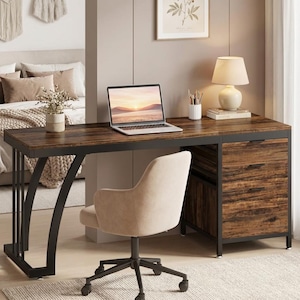Industrial Wood Computer Desk with 3 Drawers, 59" Writing Desk, Rustic Home Office Workstation with Storage, Modern Study Table