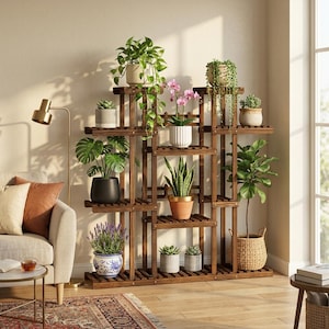 Soporte de madera para plantas de interior y exterior, estante de exhibición de macetas de varios niveles, estante rústico de granja para plantas para sala de estar, patio y jardín.