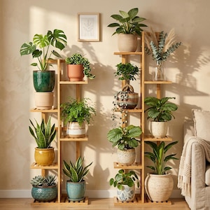 May include: Two wooden plant stands, each with multiple shelves displaying a variety of potted plants. The plants include snake plants, ferns, and a monstera. The pots are in various colours and textures, including ceramic and woven materials. A framed picture hangs on the wall.