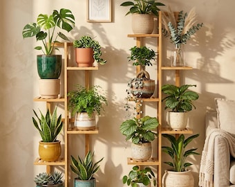 Puede incluir: Dos estanterías de madera para plantas con múltiples estantes, cada una con varias plantas en macetas. Las plantas incluyen plantas de serpiente, helechos y una monstera. Las macetas son de varios colores y texturas, incluyendo cerámica y materiales tejidos. Una imagen enmarcada cuelga de la pared.