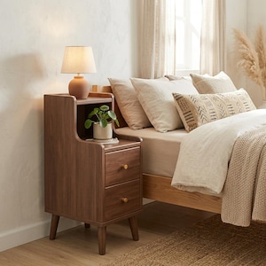 May include: A wooden nightstand with two drawers and a small shelf. A small lamp with a beige shade sits on top of the nightstand, and a small potted plant is on the shelf. The nightstand is next to a bed with beige bedding.