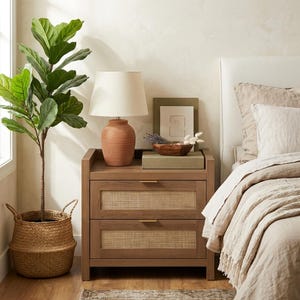 Rattan Nightstand with Charging Station, Boho Wooden Bedside Table with 2 Drawers, Modern End Table with USB & Type-C