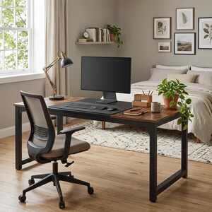Peut inclure: Un bureau en L avec une surface en bois foncé et un cadre en métal noir, accompagné d'une chaise de bureau en maille grise. Le bureau supporte un écran d'ordinateur, un clavier, une souris, un organisateur en bois, un carnet et une plante verte.