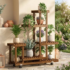 Puede incluir: Un estante de madera de varios niveles para plantas, de color marrón oscuro, lleno de plantas en macetas. El estante tiene ruedas y un diseño escalonado. Varias plantas, incluyendo helechos y lavanda, crean una exuberante disposición verde.