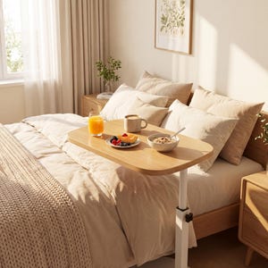 May include: A light wood-toned adjustable bed tray with a white base holds a breakfast of fruit, cereal, coffee, and juice. The tray is positioned over a bed with beige bedding and pillows. A beige knitted blanket is draped over the bed.