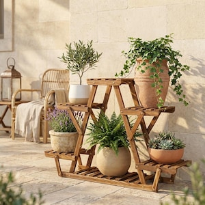 6-Tier Wooden Plant Stand Indoor Outdoor, Carbonized Wood Corner Plant Rack, Foldable Flower Shelf for Balcony Patio Living Room