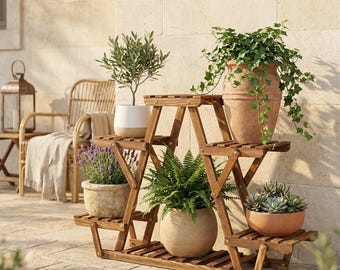 Soporte de madera de 6 niveles para plantas de interior y exterior, estante esquinero de madera carbonizada, estante plegable para flores para balcón, patio o sala de estar.