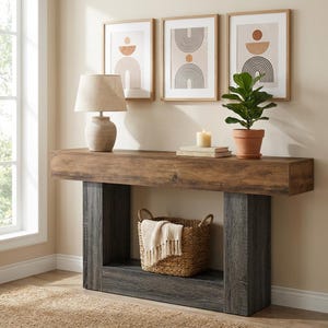 Farmhouse Console Table 63" – Rustic Wood Entryway Table with 2-Tier Shelf, Narrow Sofa Table Behind Couch, Industrial Hallway Decor