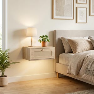 Könnte beinhalten: Ein schwebender Nachttisch aus hellem Holz mit einer gewebten Frontplatte und einem kleinen Holzknopf. Eine beige Lampe und eine Topfpflanze stehen oben. Der Nachttisch ist an einer cremefarbenen Wand neben einem Bett befestigt.