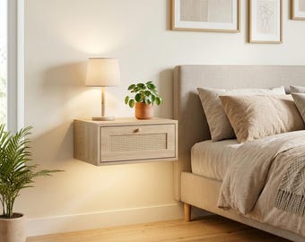 Schwebender Nachttisch aus Holz mit Schublade, Wandmontierter Nachttisch, Minimalistisches Ablagefach, Möbel für kleine Schlafzimmer