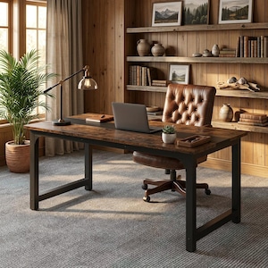 Könnte beinhalten: Ein rechteckiger Schreibtisch mit einer dunklen Holzmaserung und einem schwarzen Metallrahmen, ausgestattet mit einem Laptop, einer kleinen Sukkulente und einem Holztablett. Ein brauner, gesteppter Bürostuhl aus Leder steht am Schreibtisch.