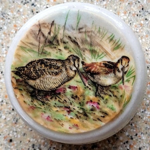 Vaso da peperone Patum con coperchio stampato – Coppia di beccacce - Barattolo in ceramica vintage per salse da gentiluomo – Oggetto da collezione di cucina britannica