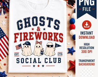 Ghosts and Fireworks Png, Patriotic Ghost PNG, 4th of July Shirt Design, Vintage USA Summer PNG, Cute Americana Sublimation Download
