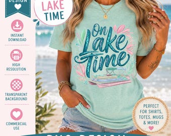 On Lake Time PNG, Pastel Pontoon Boat, Summer Vacation Design (Digital Download)