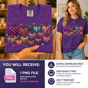 Peut inclure: Un t-shirt violet avec une impression graphique de plusieurs citrouilles aux motifs variés, incluant des imprimés léopard, écossais et géométriques, agrémentés de petites étoiles et de points. L'étiquette intérieure indique Comfort Colors.