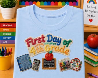 First Day of 4th Grade PNG | Embroidery Style Back to School Design (Digital Download)
