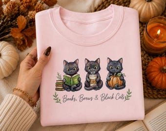 Black Cats Books Coffee Pumpkins PNG, Watercolor Fall Halloween Design (Digital Download)