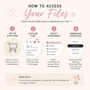 May include: A guide with steps to access digital files on Etsy. Instructions include going to Etsy.com, clicking "You", selecting "Purchases", and downloading files. The image has a pink and white color scheme with floral accents.