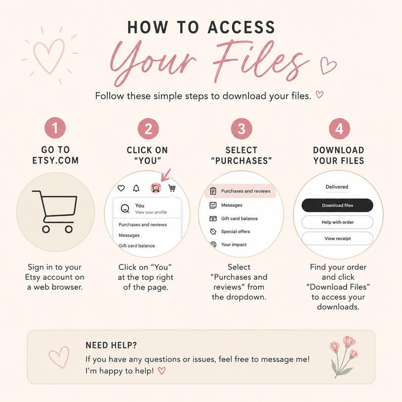 May include: A guide with steps to access digital files on Etsy. Instructions include going to Etsy.com, clicking "You", selecting "Purchases", and downloading files. The image has a pink and white color scheme with floral accents.