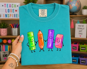 Smiling School Supplies PNG, Teacher Squad Design, Back to School Sublimation (Digital Download)