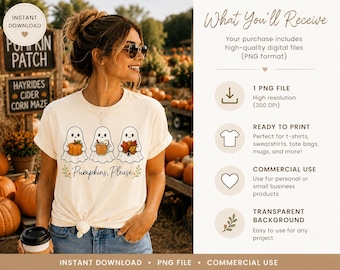 Pumpkins Please Ghost Fall PNG, Autumn Sublimation Design (Digital Download)