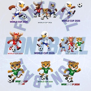 Könnte beinhalten: Eine Sammlung von Cartoon-Maskottchen für die Weltmeisterschaft 2026, darunter ein Adler, ein Elch, ein Jaguar und ein Vogel. Jede Figur trägt ein Trikot und spielt mit einem Fußball. Der Text "WORLD CUP 2026" ist zu sehen.