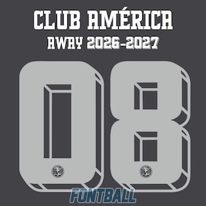 May include: A dark gray graphic featuring the white text CLUB AMÉRICA AWAY 2026-2027 above the large light gray numbers 08. Each number has a three-dimensional block effect and contains a small circular Club América team logo at the base.