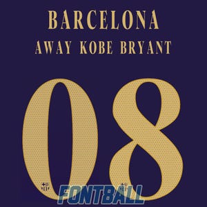 May include: A dark purple sports jersey graphic featuring the gold text BARCELONA AWAY KOBE BRYANT above a large gold number 08. The number 08 has a dotted texture and includes a small crest at the base of each digit. The word FONTBALL is at the bottom.