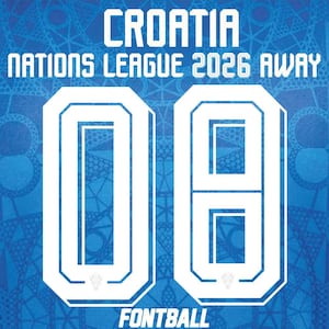 Könnte beinhalten: Ein blaues Grafikdesign mit dem weißen Text CROATIA NATIONS LEAGUE 2026 AWAY oben und FONTBALL unten. In der Mitte sind die großen weißen Ziffern 08 vor einem geometrischen Hintergrund in verschiedenen Blautönen zu sehen.