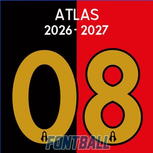 Könnte beinhalten: Ein Grafikdesign mit einem geteilten schwarzen und roten Hintergrund und dem weißen Text ATLAS 2026-2027 oben. Große goldene Ziffern 08 sind zentriert, wobei jede an der Basis einen kleinen schwarzen Buchstaben A enthält. Unten steht FONTBALL.
