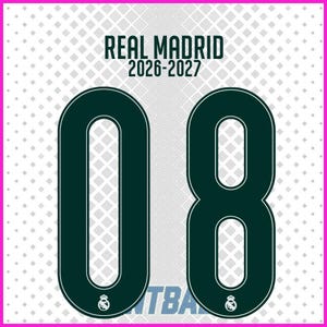 Puede incluir: Un diseño gráfico que muestra el texto REAL MADRID 2026-2027 en verde oscuro sobre los grandes números 08 de color verde oscuro. Cada número incluye un pequeño emblema de corona blanca en la base. El fondo tiene un patrón de cuadrados blancos.