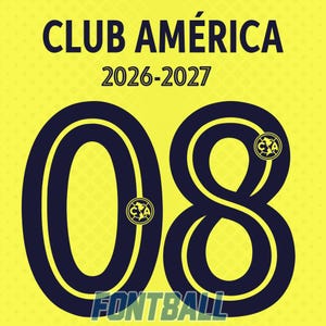 May include: A yellow graphic design featuring the text CLUB AMÉRICA and 2026-2027 in dark blue. The large dark blue number 08 is centered, with the Club América circular logo integrated into the center of each digit. The word FONTBALL is at the bottom.